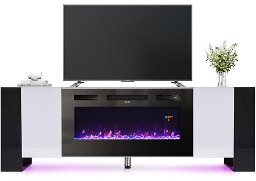 INMOZATA Electric Fire, Entertainment Center Console Table with Fireplace, 12Colors Realistic Flame Effect & LED Moon Lights, White, 36 Fireplace, for 78 TV, Overheat Protection