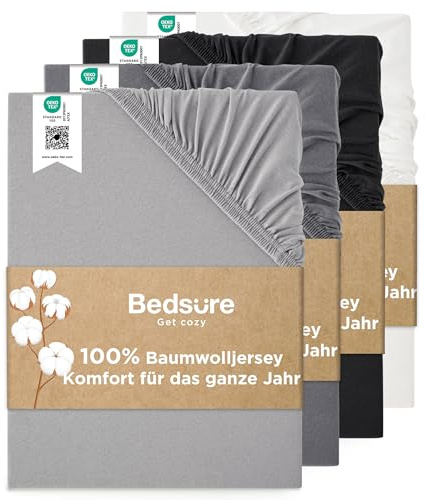 Bedsure Spannbettlaken 180x200cm Baumwolle Jersey - bis 40cm, Hellgrau | Spannbetttücher mit Gummizug, für Boxspringbett , Wasserbett & Extra Hohe Matratzen, Atmungsaktiv & Weich, Waschbar, Oeko-TEX