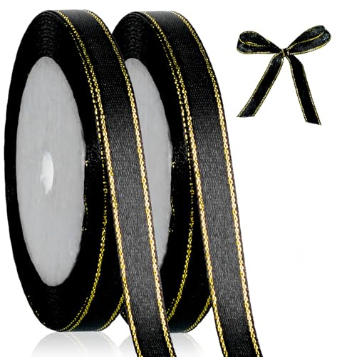 2 rollos de cinta de satén negro de 50 yardas con bordes dorados, cintas de tela con borde dorado de 3/8 pulgadas para árbol de Navidad, envoltura de regalos, manualidades, decoración de Navidad