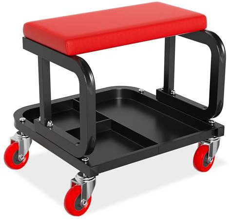 FIVMEN Werkstatthocker mit Rollen Werkstatt Hocker Rollhocker mit Ablagefläche Werkstattstuhl Arbeitshocker Garagenhocker Rollsitz Tragfähigkeit 150 kg, 36x36x35 cm