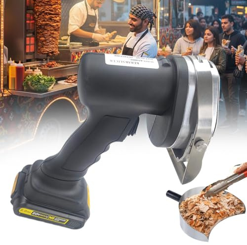Commercial Shawarma Doner Kebab Slicer,0.5-8mm Automatic Barbecue Meat Kebab Knife with 2 Blades,Electric Doner Kebab Slicer with Rotisserie Meat Shovel & 2 Battery