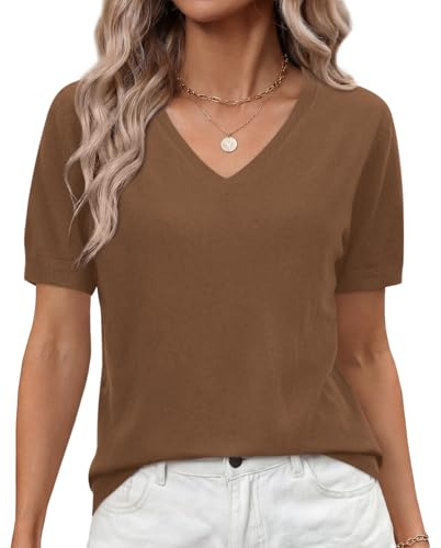 Elesomo Ladies Jumpers Short Sleeve V Neck Knit Sweater Top | short sleeved, long sleeve, holiday clothes, fine knit,