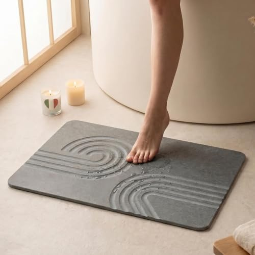 Homellence Tapis de Bain Diatomite 60x39 cm - Sortie de Douche Pierre | Tapis Diatomite Salle de Bain - Stone Bath Mat - Séchage Rapide Antidérapant Absorbant Antibactérien (Infinite Zen)