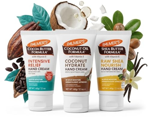 SHOPCIENTY Hand Cream Gift Set for Dry Hands, 3 Pack Cocoa Butter, Coconut Oil & Shea Butter Moisturiser with Vitamin E, Non-Greasy Fast-Absorbing Travel Size, 3 x 60g Tubes