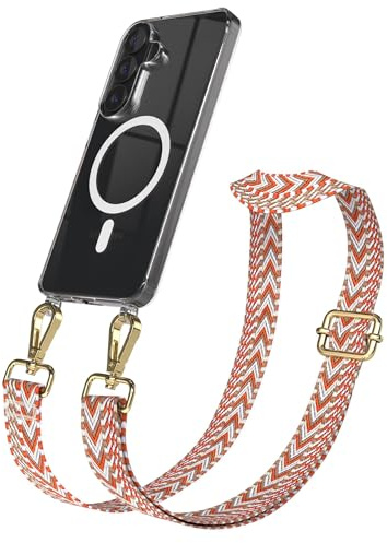 EAZY CASE Handykette - Verstellbares Taschenband kompatibel mit Galaxy S26, Schulterriemen, Handykordel mit Silikon Hülle, Qi Charging kompatibel, Umhängetasche, Blau Rot Gold