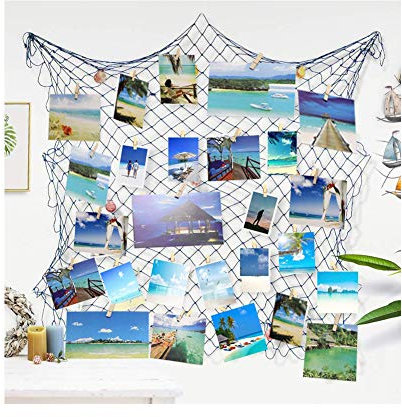 Ecjiuyi Fotorahmen zum Aufhängen, nautisches Fischnetz mit Muscheln und Clips für Schildkröte, Badezimmer, Schlafzimmer, Wohnheim, Wand, Geburtstag, Ozean, Motto-Party-Dekorationen (blau)