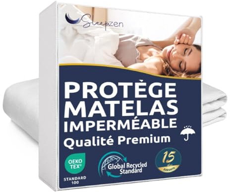 SLEEPZEN Protege Matelas 160x200 Impermeable, Respirant, Silencieux, Hypoallergénique, Coton, Alese 160x200 Qualité Supérieure Certifié Oeko-Tex®, Forme Drap Housse
