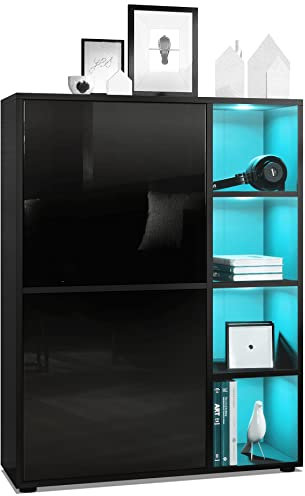 Vladon Highboard Schrank Anrichte Cuba mit 8 Fächern, Made in Germany, Korpus in Schwarz matt/Fronten in Schwarz Hochglanz, mit RGB LED Beleuchtung