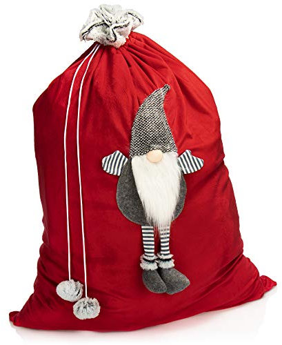 COM-FOUR® Premium XL Weihnachtssack - roter Geschenkesack zum Befüllen - Weihnachtsbeutel mit Bommeln & Wichtel als Dekoration und tolle Geschenkverpackung