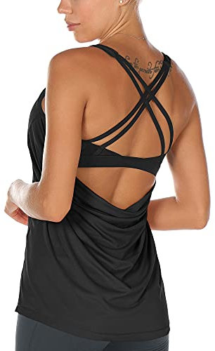 icyzone Damen Sport Yoga Top mit BH - 2 in 1 Fitness Shirt Cross Back Gym Sport Tank Top (L, Black)