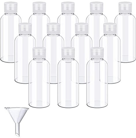 SPEACOUR 12 PCS Flacon Voyage 50ml en Plastique Bouteille de Voyage Cosmetique Flacons de Voyage Vides Petit Flacon Transparent Voyage avec Entonnoir pour Lotion, Démaquillant, Shampoing, Gel Douche
