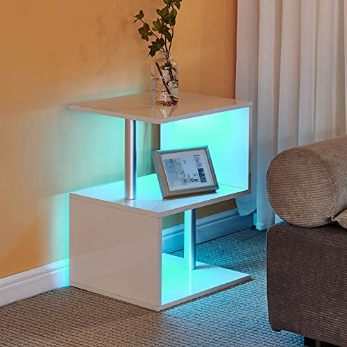 LEMROE Weißer LED-Beistelltisch, Hochglanz-Beistelltisch mit 2 Ablagen und Stahlrohren für Wohnzimmer, Kleiner Couchtisch, Schlafzimmer, Aufbewahrungseinheit für Wohnmöbel (1)