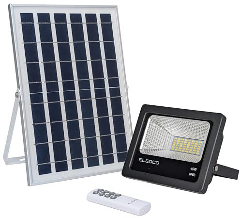 ELEDCO Lampe Solaire 40W Led, Panneau Solaire, Batterie, Télécommande Dimmable, Projecteur Solaire Autonomie 8-15 Heures, IP66