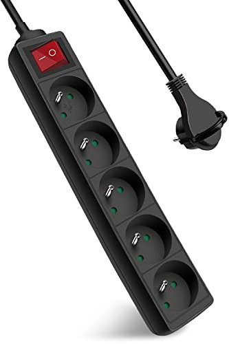 Extrastar Multiprise 5 Prises avec Interrupteur Fiche Plate, Bloc 5 Prises, Rallonge 1.5m 230 V avec sécurité Enfant, Noir