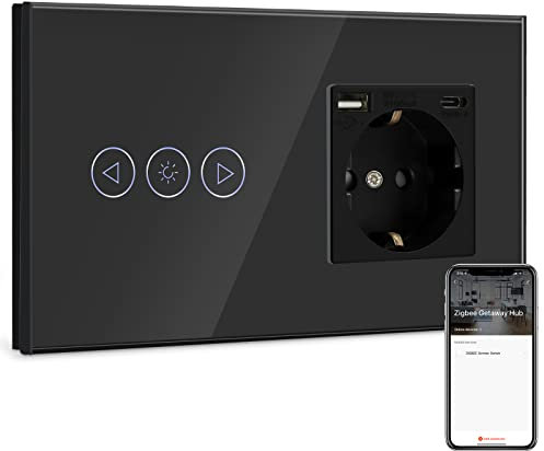 BSEED Normal Steckdose mit Smart ZigBee Dimmer Lichtschalter Kompatibel mit Alexa,Google Home, 1 Fach 1 Weg Lichtschalter mit USB Steckdose (Max. 2.1A) Typ C Port Schwarz (Tuya Hub benötigt)