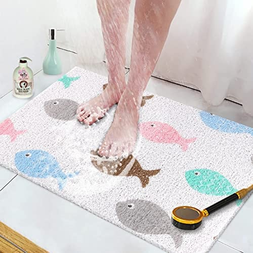 Shower Mat Bath Mat Non Slip Anti Mould Bathroom Bath Mat for Inside Bath, Soft PVC Loofah Shower Mat for Inside Shower with Excellent Permeability, Dirt-resistant, Cuttable (40 x 60 cm, Fish)