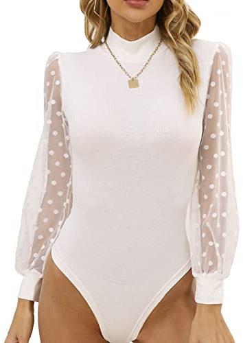 EKAMO Womens Bodysuit Turtle Neck Polka Dot Sheer Mesh Long Sleeve Ribbed Bodysuits Jumpsuit, White, Small