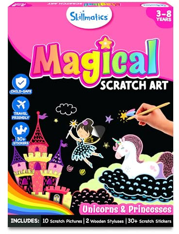 Skillmatics Scratch Art Book for Kids - Unicorns & Princesses, DIY Craft Kits, Christmas Stocking Stuffers, 30+ Scratch Stickers, Travel Toys, Gifts for Girls & Boys Ages 3, 4, 5, 6, 7, 8