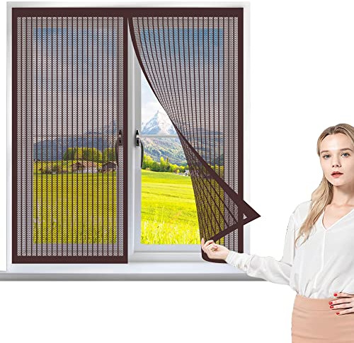 Mosquitera Ventana Magnetica 100 x 90 cm Cortinas Mosquitera Ventana Cierre Automático Iman Fuertes para Marco de Ventanas, Marrón