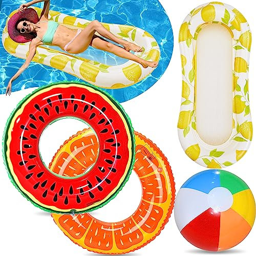 Lubibi Aufblasbarer Wasserhängematte Set, Pool Spielzeug 4 In 1 Aufblasbare Wasserspielzeug Pool Zubehör, Obst Aufblasbare Schwimmringe, Zitrone Aufblasbares Schwimmbett, Sommerwasser Schwimmspielzeug