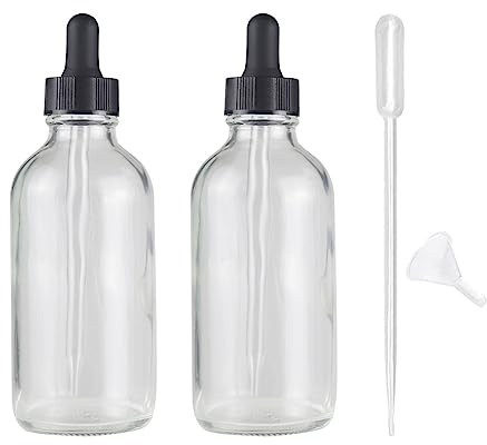 HugeDE 2 Pcs 120ml Glass Dropper Bottles Eye Dropper Bottles Large Essential Oil Containers Empty Refillable Dropper Bottles with Funnel Dropper Transparent Black
