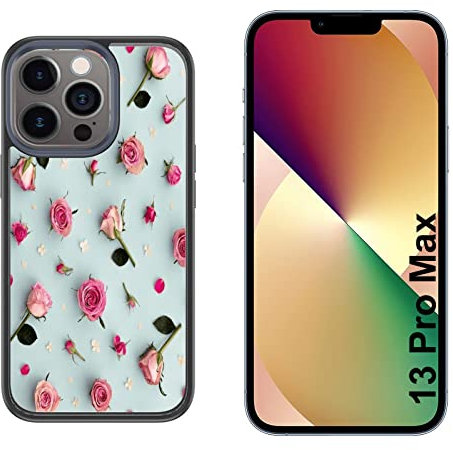 Generico Cover compatibile con Cover Apple iPhone 13 Pro Max Primavera Rose con Sfondo Azzurro/Glass Back con gomma sui lati/TPU rigido