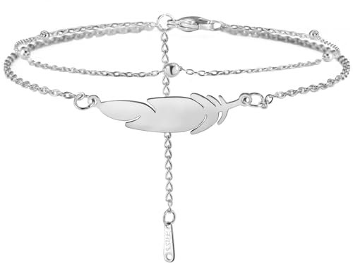 Dreamtimes Chaîne de Pied Femmes Coloré Argent Plume Acier Inoxydable Double Beach Style Mode Bohème Bijoux Accessoires pour Femmes