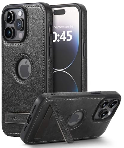 KSELF Lederhülle für iPhone 15 Pro Max Hülle, dünn, flexibel, weicher Griff, Luxus-Cover, schützende dünne mit Ständer, stoßfeste Hüllen kompatibel mit iPhone 15 Pro Max (schwarz, für iPhone 15 Pro