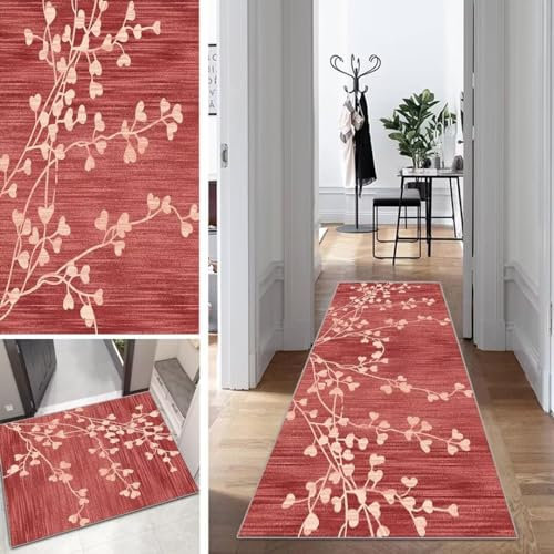 Mogetal Rot Läufer Teppich Lang Vintage Flur Läufer rutschfest Waschbar 60x80cm Modern Blattmuster Dauerhaft Läuferteppich TeppichLäufer Küchen Korridor Polyester Anpassbar Meterware