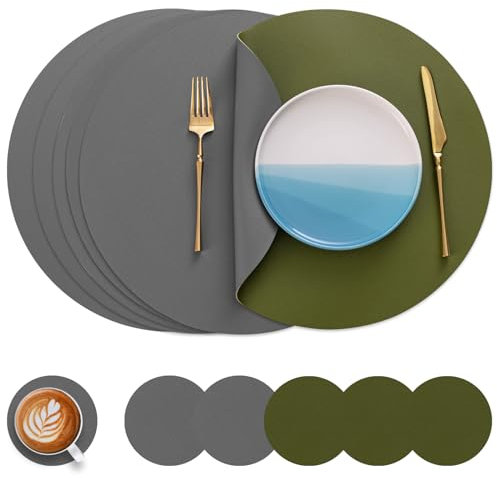 Myir JUN Tischsets 6er Set, Tischsets Abwaschbar Platzsets Rund Ø 38cm Platzdeckchen Rund Doppelseitigen rutschfest Platzsets Kunstleder Leder Tischset Lederoptik (Grau Grün 01, 6er Set)