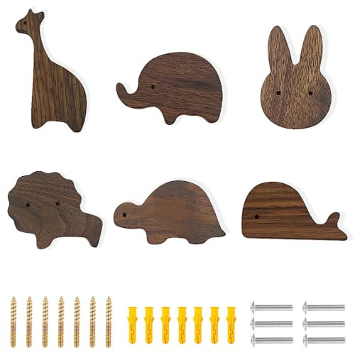 Tier Holz Schubladengriff,6 Stück Holzknäufe mit Tiermotiven,Schubladengriff aus schwarzem Nussbaum,Dekorative Holz-Kommodenknöpfe mit Schrauben,2 IN 1 Knauf Für Schränke,Möbelknöpfe aus Holz (G)