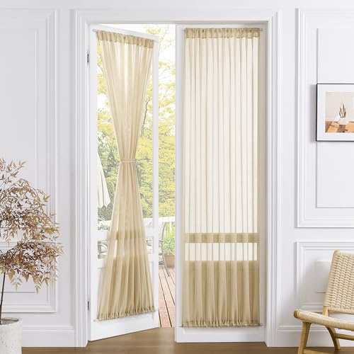 Tollpiz Transparenter Türvorhang Schrank Leinen-Textur Gardinen Transparent Türöffnung Lichtfilternd Voile Terrasse Glastüren Stangentasche Gardine Französische Tür, 137,2 x 183,9 cm lang, Beige, 1