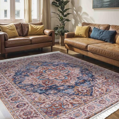 Mazovia Teppich Wohnzimmer 80x150cm Creme Blau Vintage Traditionell Elegant | Teppich für Schlafzimmer Büro Esszimmer Eingangsbereich Beige Stilvoll Rutschfest Maschinenwaschbar Wetterfest Pflegeleicht