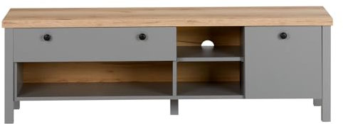 Homestyle4u 2490, Modernes TV Board TV-Schrank Grau Eiche Unterschrank 147cm mit Einer Schublade Lowboard Fernsehschrank