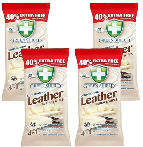 Green Shield Conditioned 4-in-1 Leather Surface Wipes | Fresh Scented Leather Wipes Removes Dirt & Grime with Protecting the Surface | Multi-purpose Use Gives Surfaces an Original Finish (4 Packs)