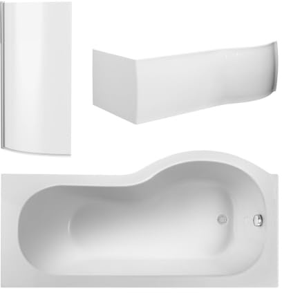 Balterley 1500 x 850mm P Shape Shower Bath with Leg Set, Chrome P Shape Shower Screen & P-Shaped Bath Panel, Left Hand Single Ended Gloss White Soaking Baths, Acrylic Baths (White)