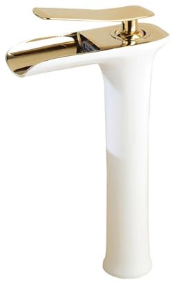 XJTNLB Robinet Cascade Salle Bain Robinets de Lavabo pour Salle de Bain Monocommande Chaud et Froid Mitigeur Cascade Lavabo,Blanc + Or,Haut