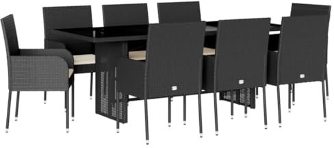 vidaXL Garten Essgruppe 9-TLG., Gartenmöbel Set mit Kissen, Gartengarnitur 8 Stühle 1 Tisch, Sitzgruppe für Garten Terrasse, Schwarz Poly Rattan
