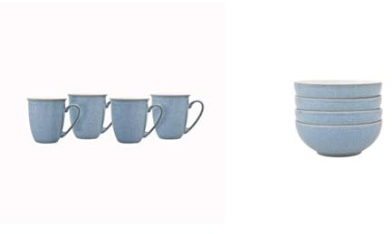 Denby - Elements Blue Coffee Mug Set of 4-330ml Stoneware Ceramic Tea Mug Set for Home & Office & - Elements Blue Cereal Bowls Set of 4 - Dishwasher Microwave Safe Crockery 820ml 17cm