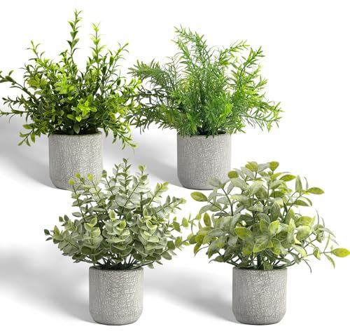YVONNEYI 4 Stück Kunstpflanze Klein, Kunstpflanze Eukalyptus im Beton-Töpfen, Künstliche Pflanzen für Home Wohnzimmer Badezimmer Schlafzimmer Küche Tisch Büro Zimmer Deko