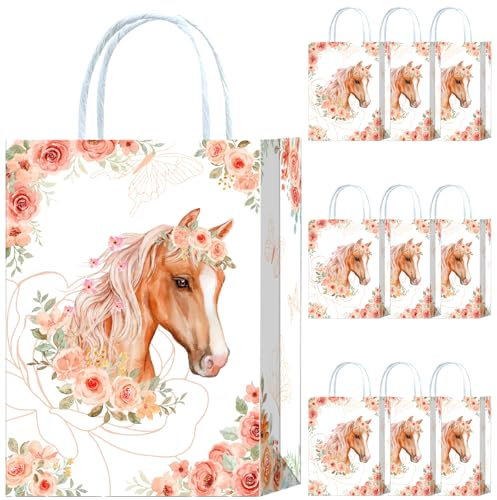 10 Stück Pferde Party Taschen,Pferd Geschenktüten,Pferde Papiertüten mit Henkel,Pferd Geburtstag Geschenktaschen,Pferde Papier Gastgeschenke Tüten Mitgebseltüten