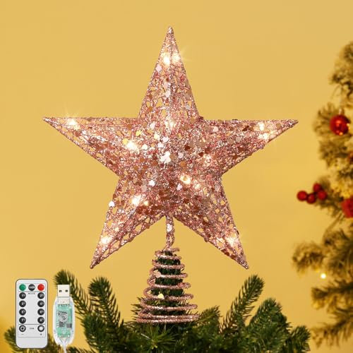 Lewondr Étoile Sapin de Noël, Pointe avec Minuterie 6H et 8 Modes d'Éclairage, Topper Télécommande et Alimentation USB, Décoration pour la Maison, Rose