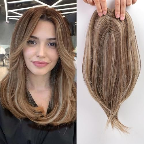 EMMOR 18 Zoll Sandbraun & Aschblond Gemischtes Haar Toppers für Frauen Synthetisches Haar Toppers Haarteile Schweizer Basis mit 3 Clips in Perücken Toppers haarteil Haarausfall