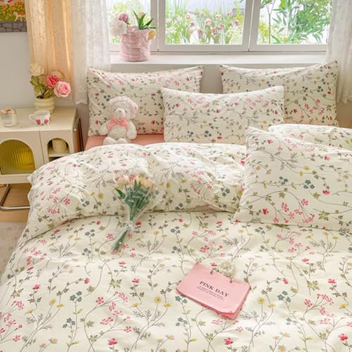 Covebett Cotton Duvet Cover King Size White Pink Colourful Floral Flower Bedding Set 3 pcs, Aesthetic Botanical Quilt Cover 220x230 cm Zipper Closure and 2 Pillowcases 50x75