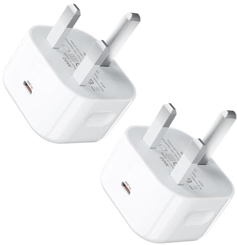 2Pack USB C Plug, 20W USBC Power Adapter UK Plug Fast Charge USB-C Charging Type-C Wall Head Plug for iPhone 16/15/15 Plus/15 Pro/15 Pro Max, iPad Pro, New iPhone, Samsung S23 Ultra/S22/S21