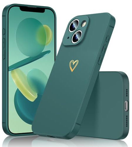 Noyabox Silicone Case for iPhone 14, Cute Shockproof Full Cover with Smooth Touch Printed Heart-Shaped Love Pattern Slim Lightweight Stain-Resistant Design, Green