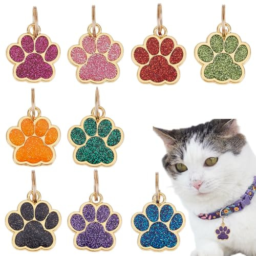 WADORN 9 Stück Haustiermarken In Pfotenform 9 Farben Gravierte Glänzende Anhänger Für Katzen Und Hunde Süße Glitzernde Hundenamensschilder Mit Pfotenabdruck Blanko Tier ID Tags Für Welpen Und Kätzchen