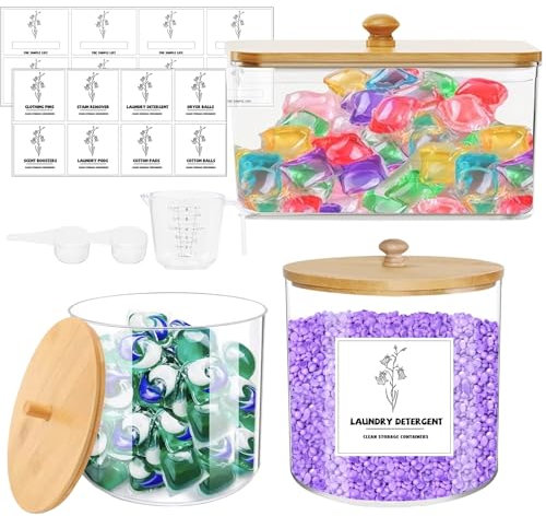 lot de 3 distributeur de lessive,distributeur de lessive avec 16 étiquettes,2 Cuillères et une tasse à mesurer,Boîte à Détergent pour Capsules de Lessive/Boules de Séchage/Pinces à Linge/Lessive