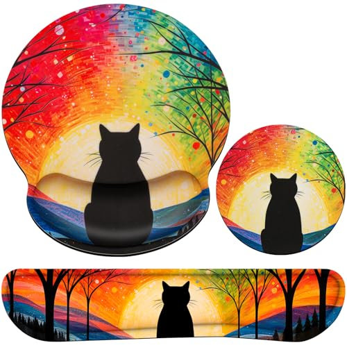 Acezeek Wrist Rest Mouse Mat 3-in-1 Mousepad Set Keyboard Wrist Rest+Mouse Pad+Cup Pad, Ergonomic Wrist Cushion Support Memory Foam Mousepad for Pain Relief, Gaming Office Home Using, Rainbow