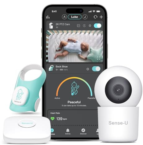 Sense-U Baby Sock Shoe Bundle Monitor inteligente para bebé: Sock Shoe Plus cámara PTZ 2K - Rastrea la frecuencia cardíaca, el movimiento del sueño, el latido del corazón, video panorámico y zoom